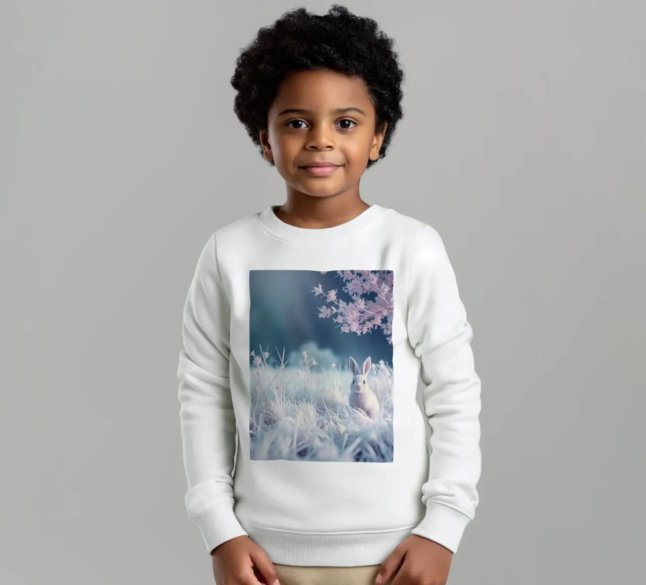 Paisaje nevado con un conejo en un bosque místico sudadera para niño de DesignDoodle