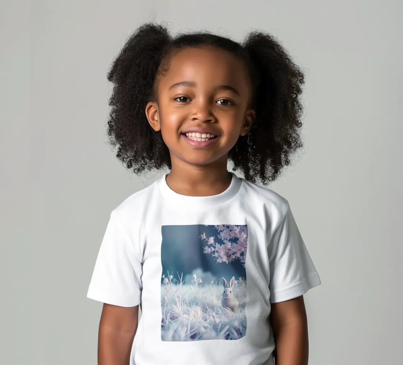 Paesaggio innevato con un coniglio in una foresta mistica t-shirt bambini da DesignDoodle