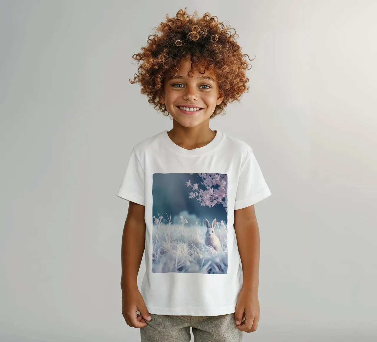 Paesaggio innevato con un coniglio in una foresta mistica t-shirt bambini da DesignDoodle