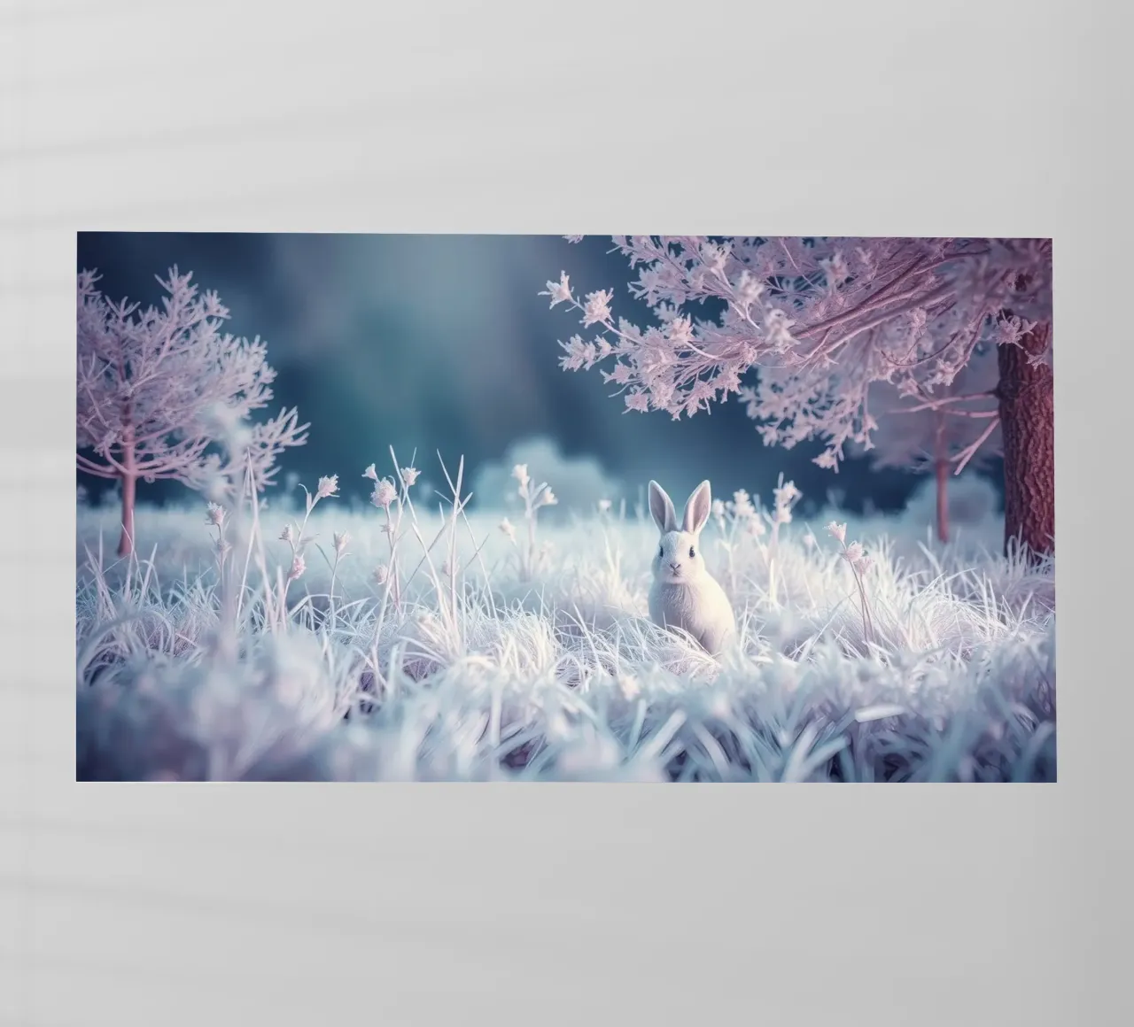 Paesaggio innevato con un coniglio in una foresta mistica pellicola backlit da DesignDoodle