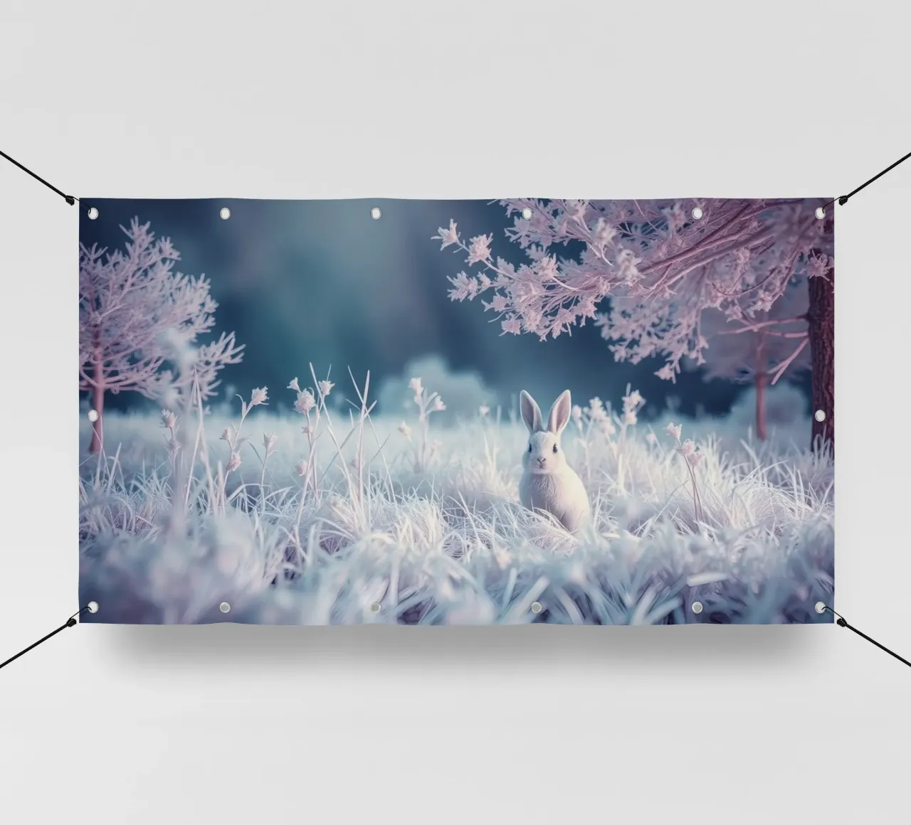 Paesaggio innevato con un coniglio in una foresta mistica telo in pvc da DesignDoodle