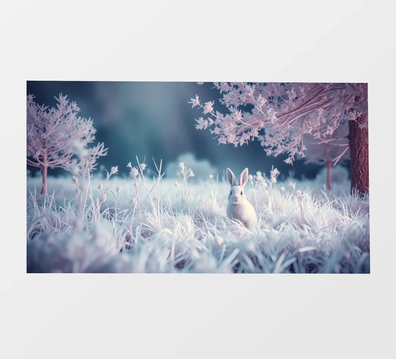 Paesaggio innevato con un coniglio in una foresta mistica telo in pvc da DesignDoodle