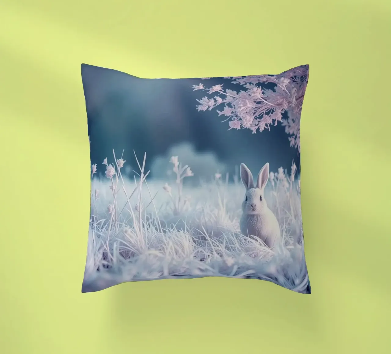 Paesaggio innevato con un coniglio in una foresta mistica cuscino da DesignDoodle