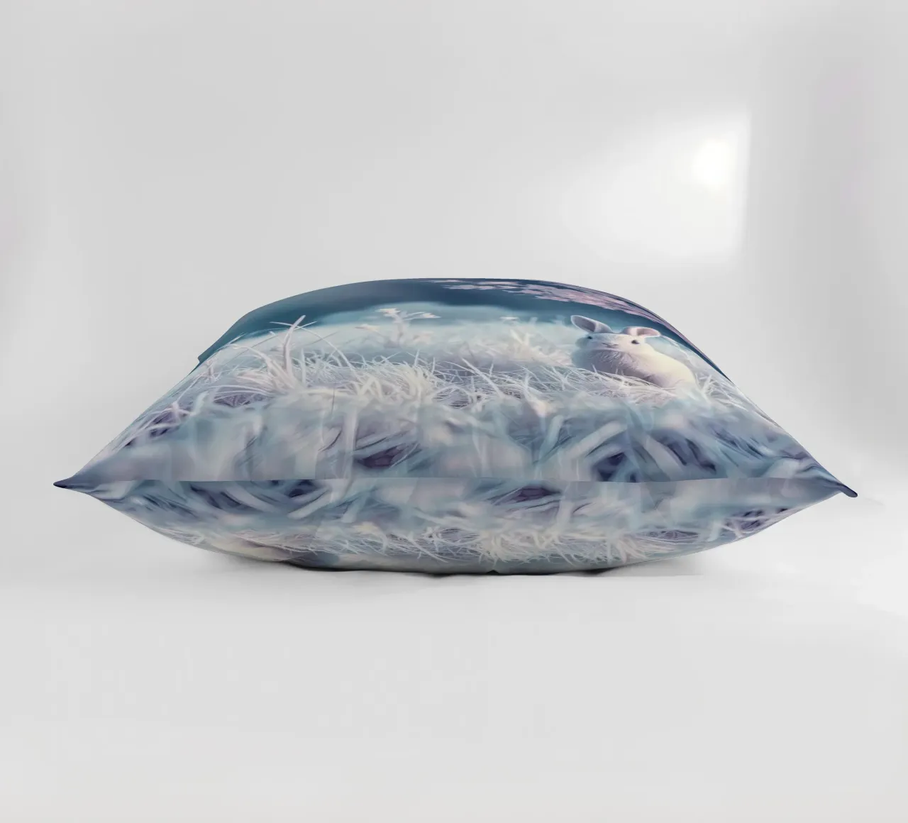 Paesaggio innevato con un coniglio in una foresta mistica cuscino da DesignDoodle