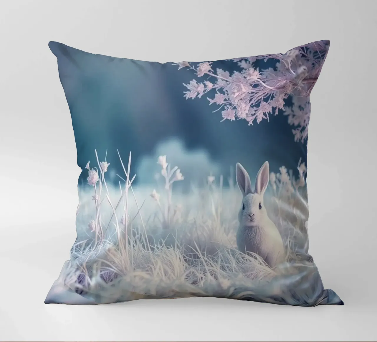 Paesaggio innevato con un coniglio in una foresta mistica cuscino da DesignDoodle