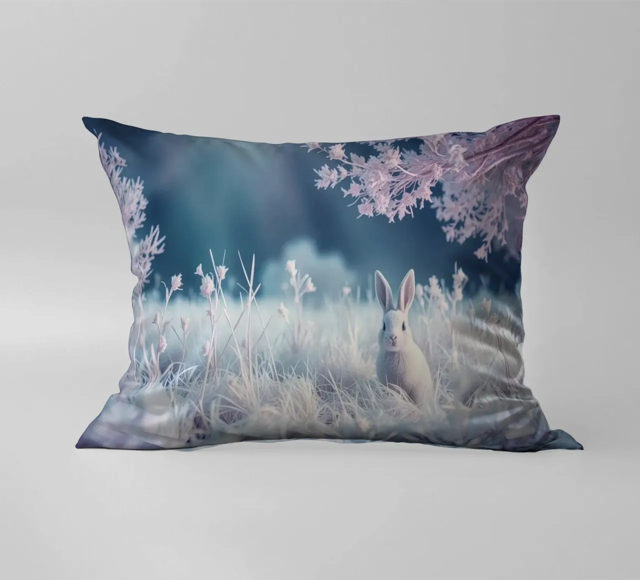 Besneeuwd landschap met een konijn in een mystiek bos kussen van DesignDoodle