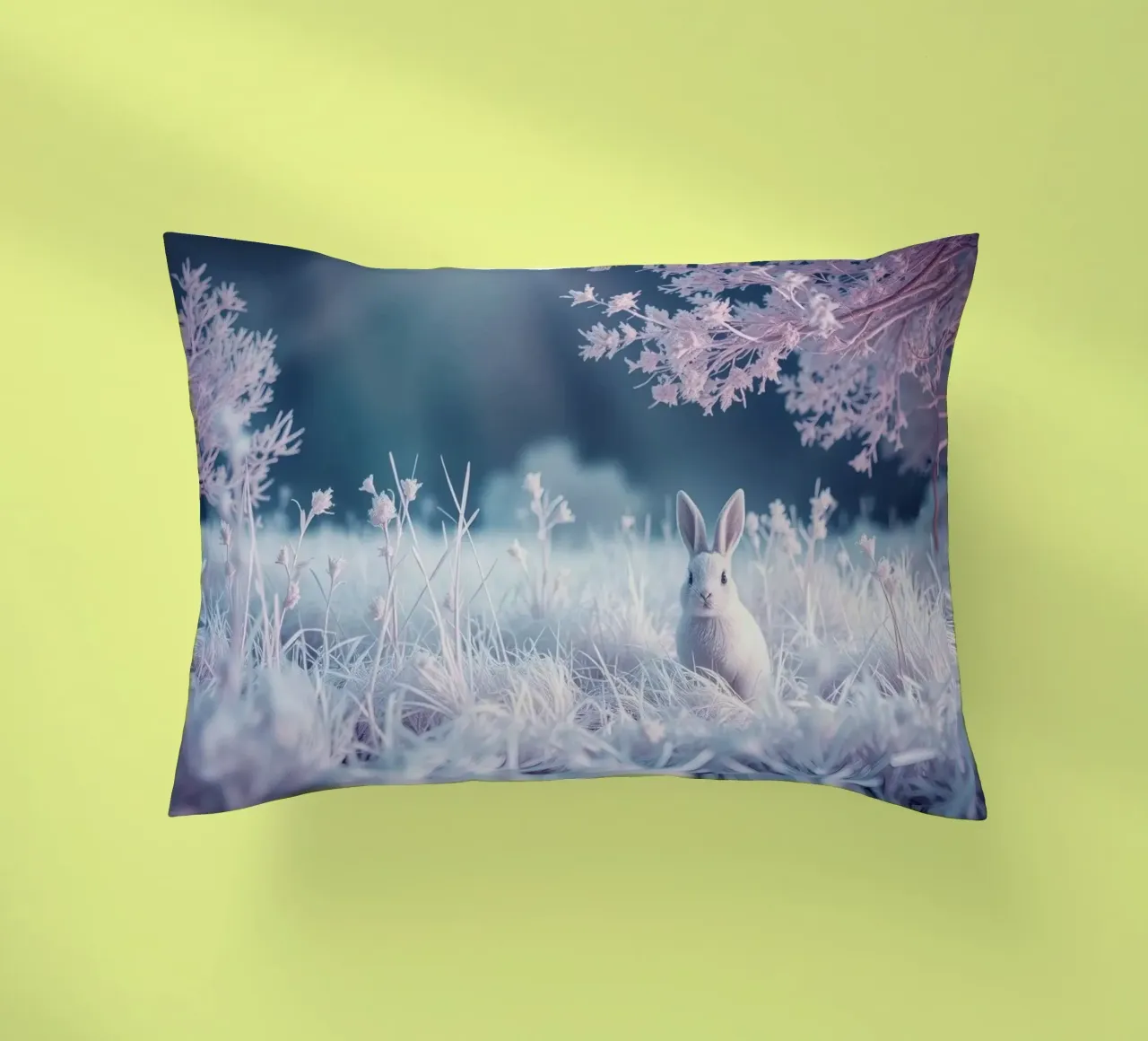 Paesaggio innevato con un coniglio in una foresta mistica cuscino da DesignDoodle