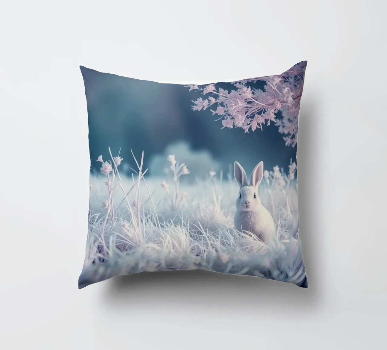 Paesaggio innevato con un coniglio in una foresta mistica cuscino da DesignDoodle