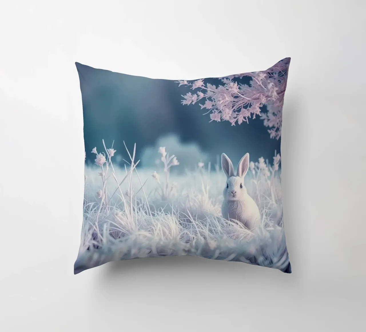 Besneeuwd landschap met een konijn in een mystiek bos kussen van DesignDoodle