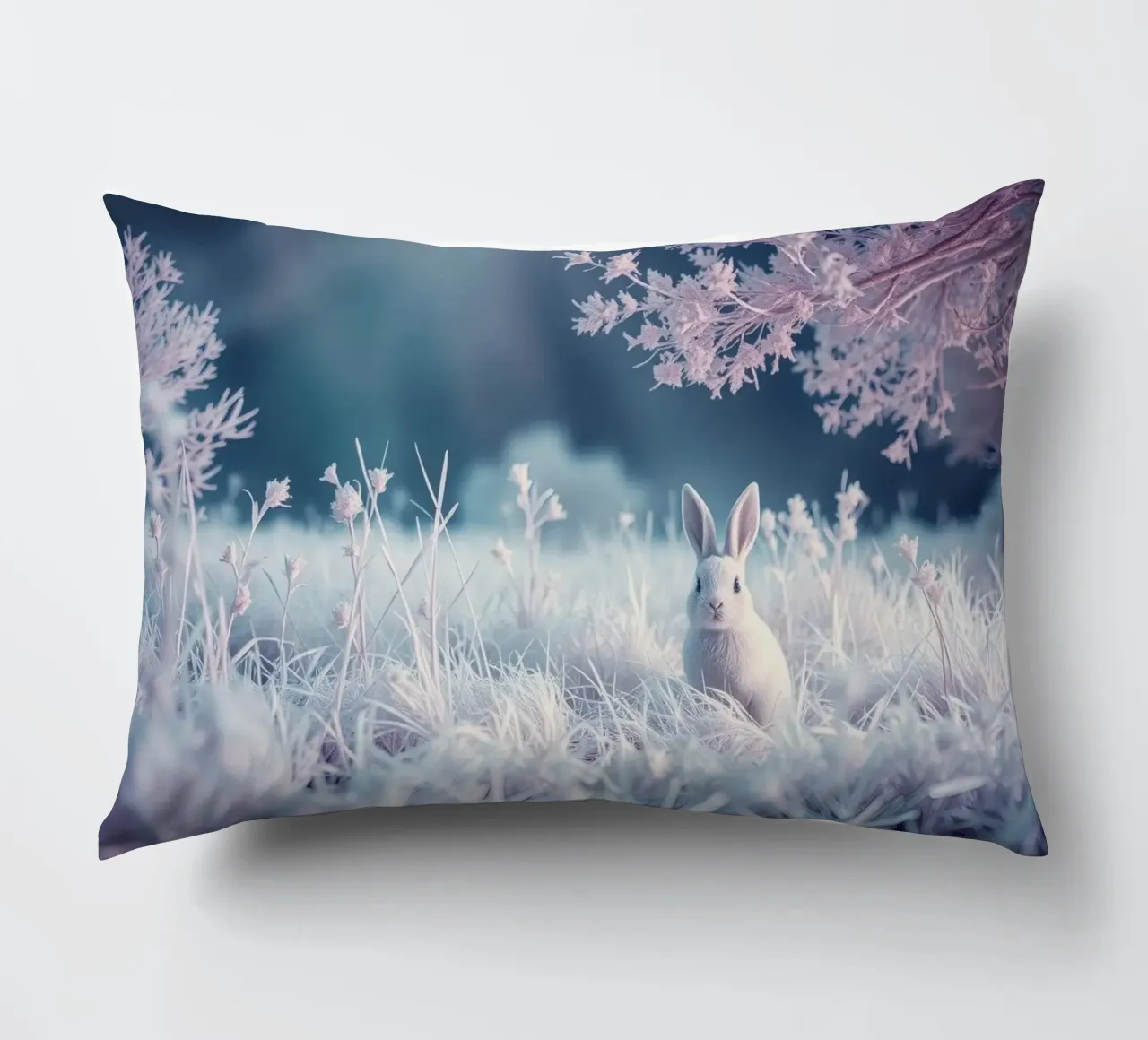 Paesaggio innevato con un coniglio in una foresta mistica cuscino da DesignDoodle