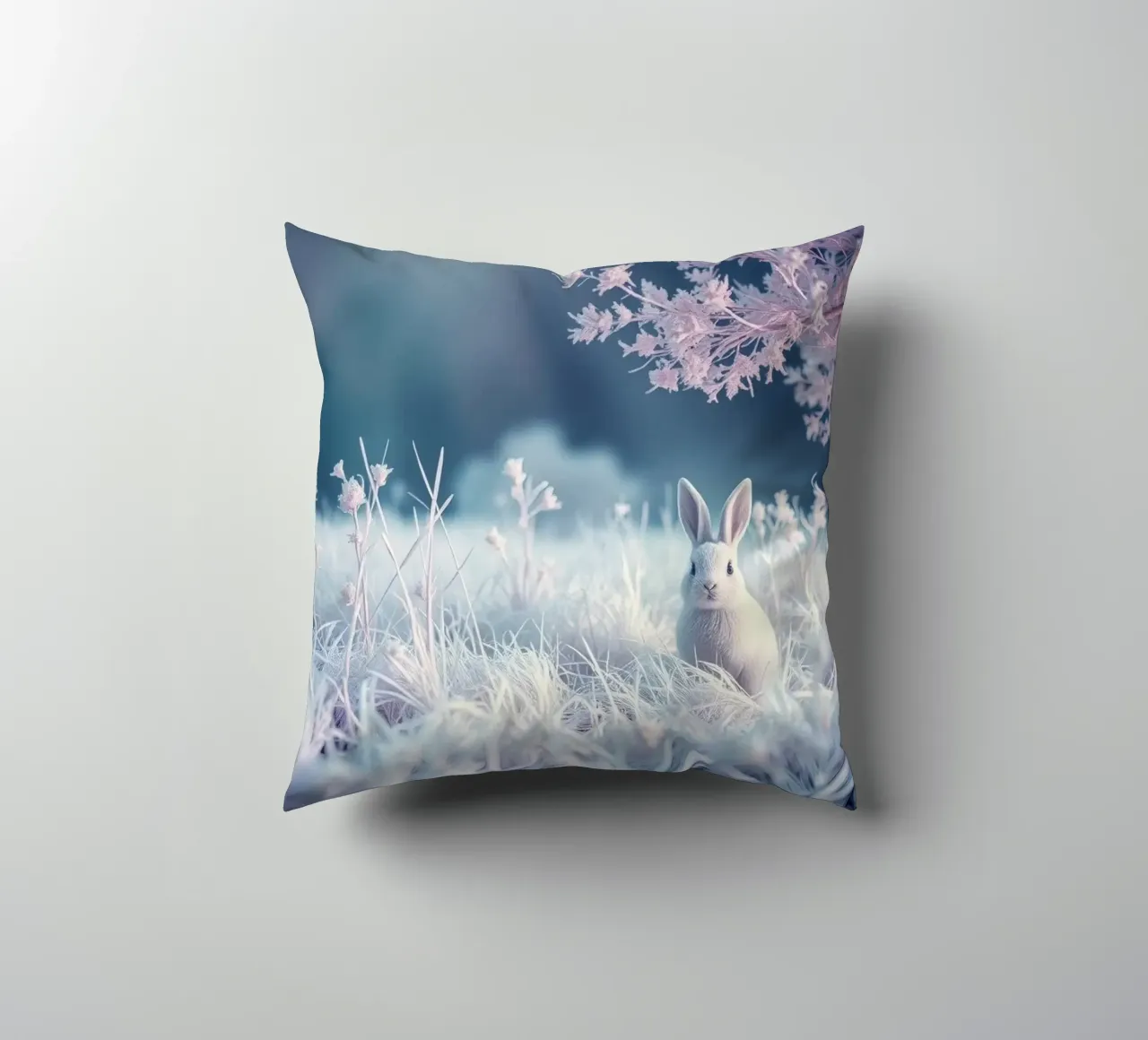 Paesaggio innevato con un coniglio in una foresta mistica cuscino da DesignDoodle