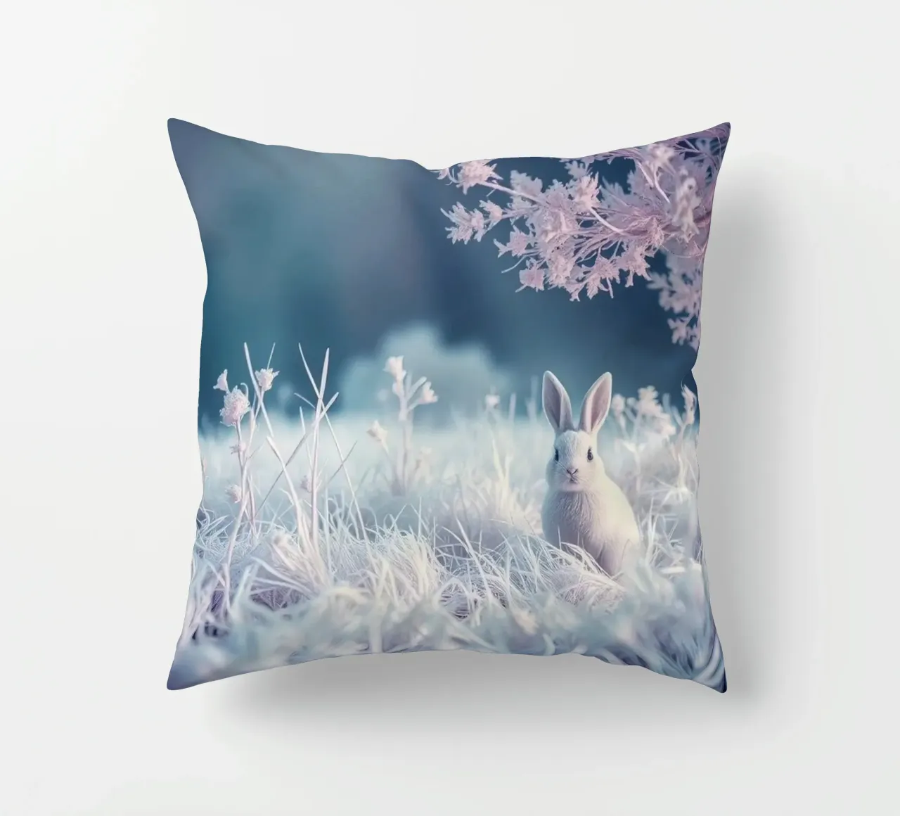 Paesaggio innevato con un coniglio in una foresta mistica cuscino da DesignDoodle