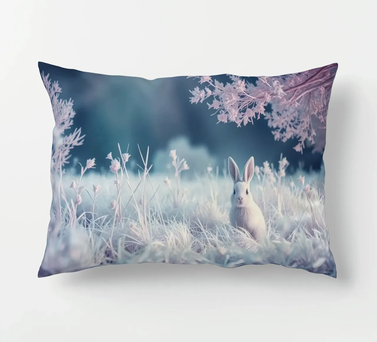 Besneeuwd landschap met een konijn in een mystiek bos kussen van DesignDoodle