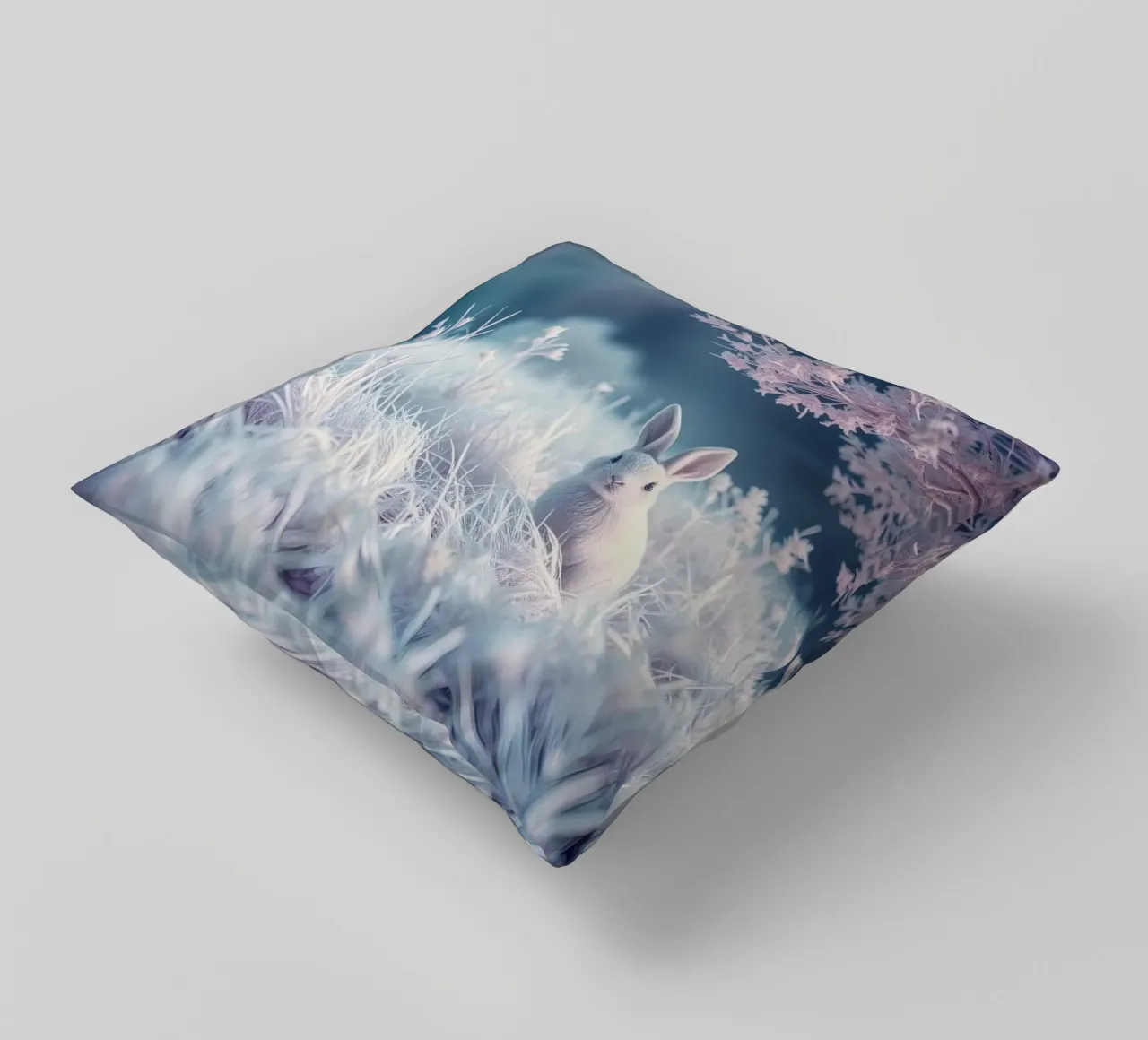 Paesaggio innevato con un coniglio in una foresta mistica cuscino da DesignDoodle