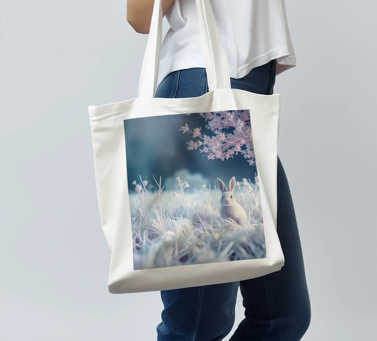 Paesaggio innevato con un coniglio in una foresta mistica borsa in juta da DesignDoodle