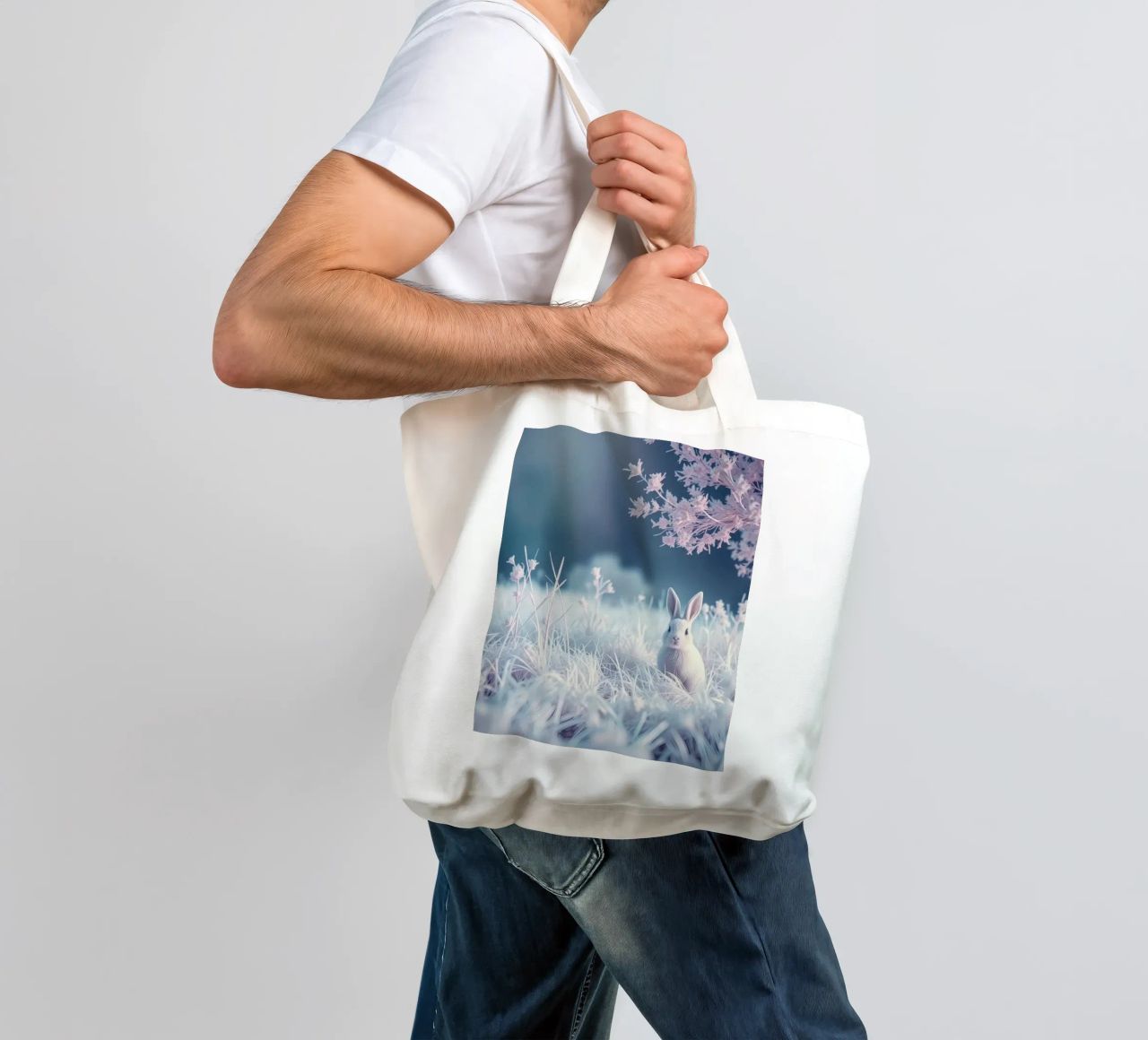 Paesaggio innevato con un coniglio in una foresta mistica borsa in juta da DesignDoodle