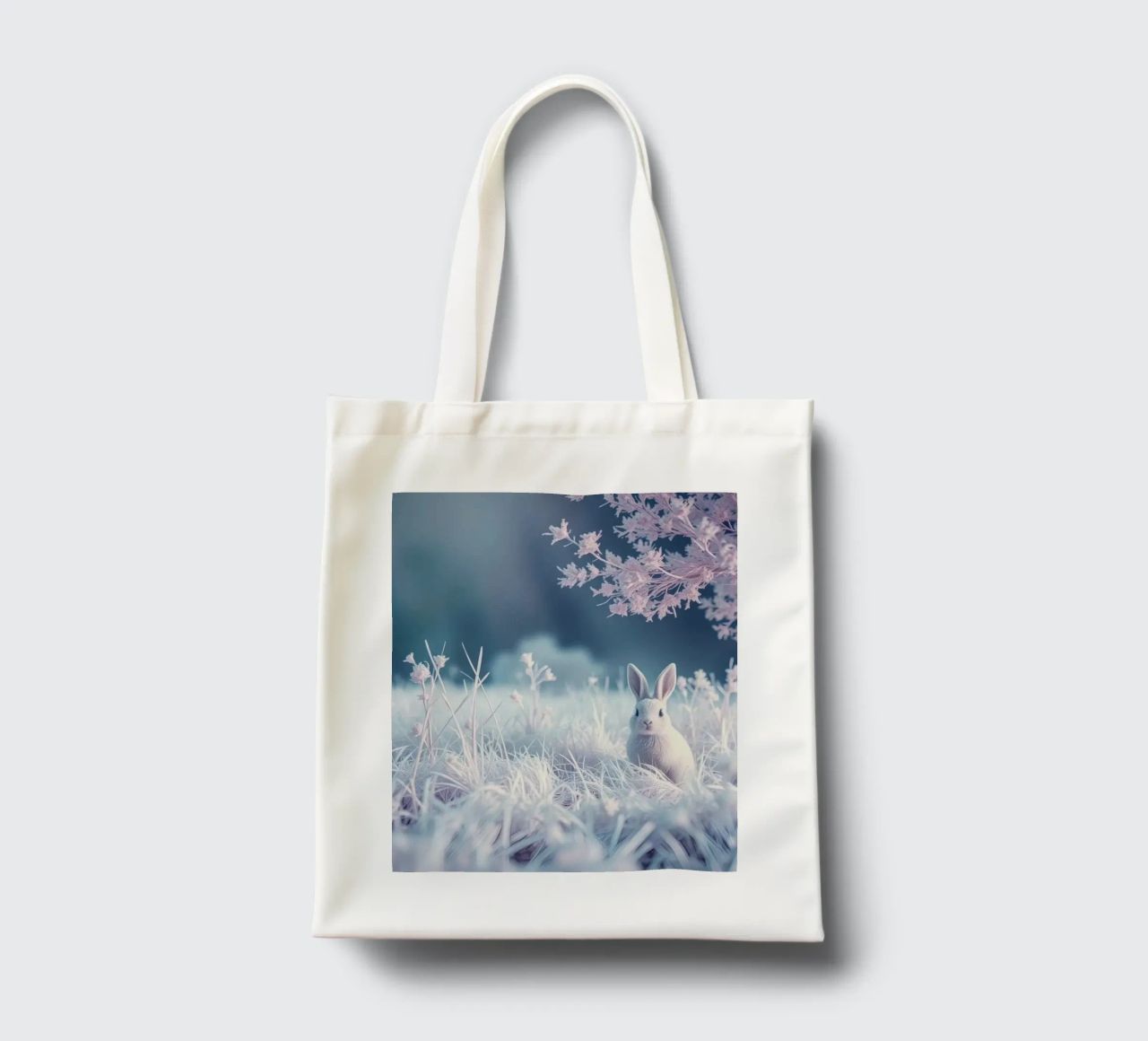 Paesaggio innevato con un coniglio in una foresta mistica borsa in juta da DesignDoodle