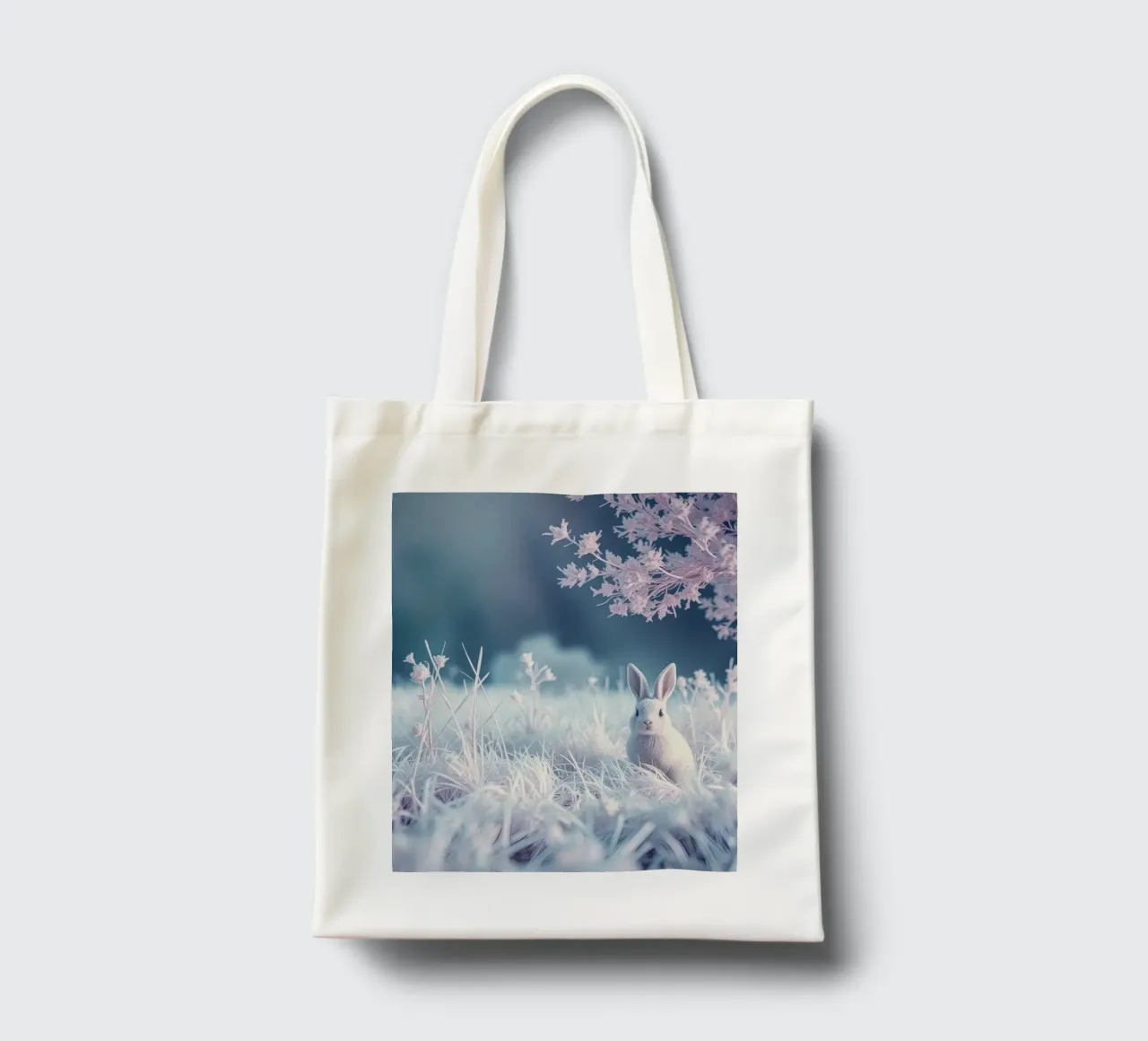 Paesaggio innevato con un coniglio in una foresta mistica borsa in juta da DesignDoodle