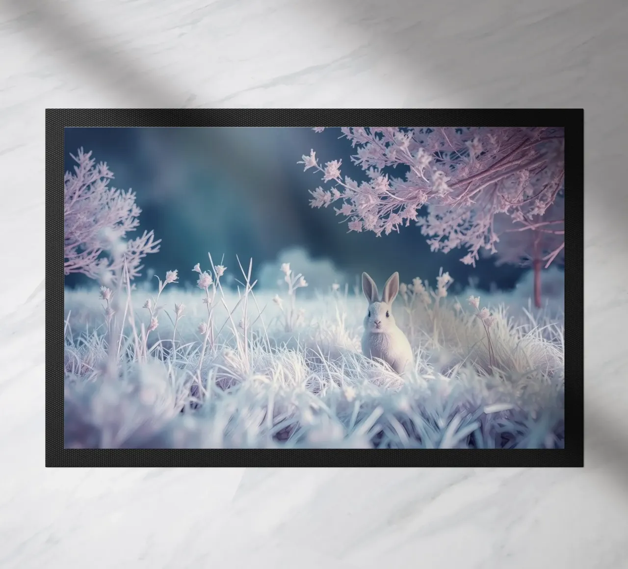 Besneeuwd landschap met een konijn in een mystiek bos deurmat van DesignDoodle