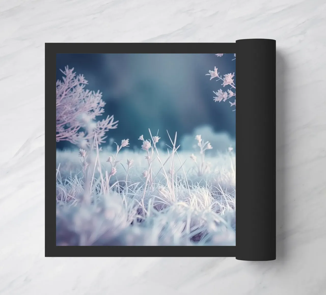 Besneeuwd landschap met een konijn in een mystiek bos deurmat van DesignDoodle