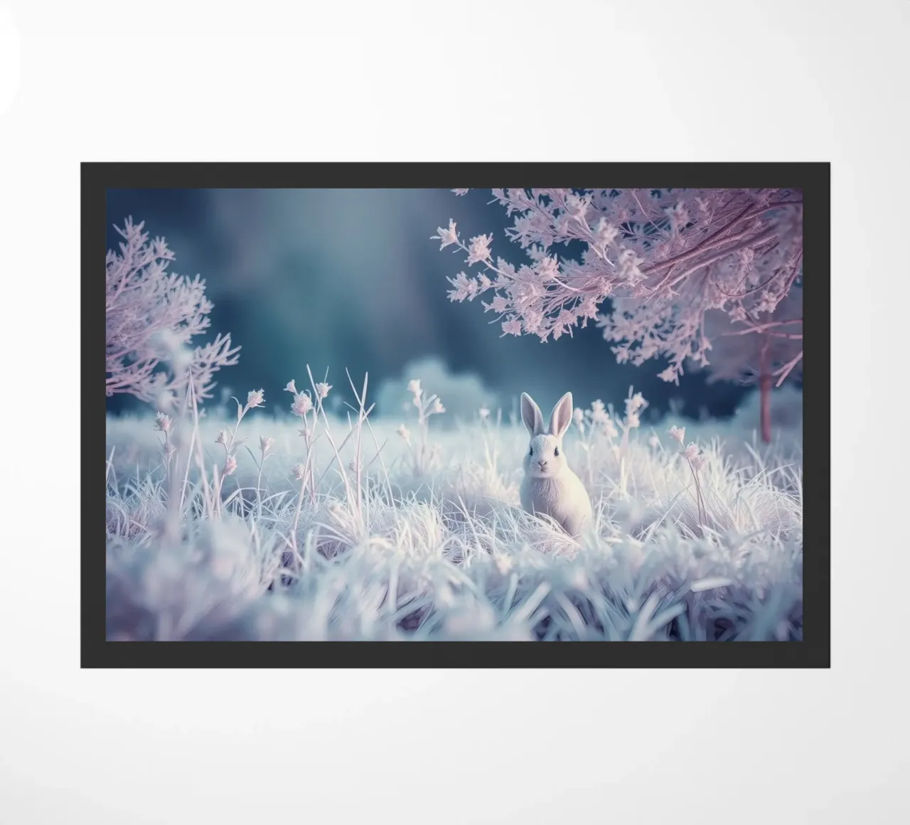 Paisaje nevado con un conejo en un bosque místico felpudo de DesignDoodle