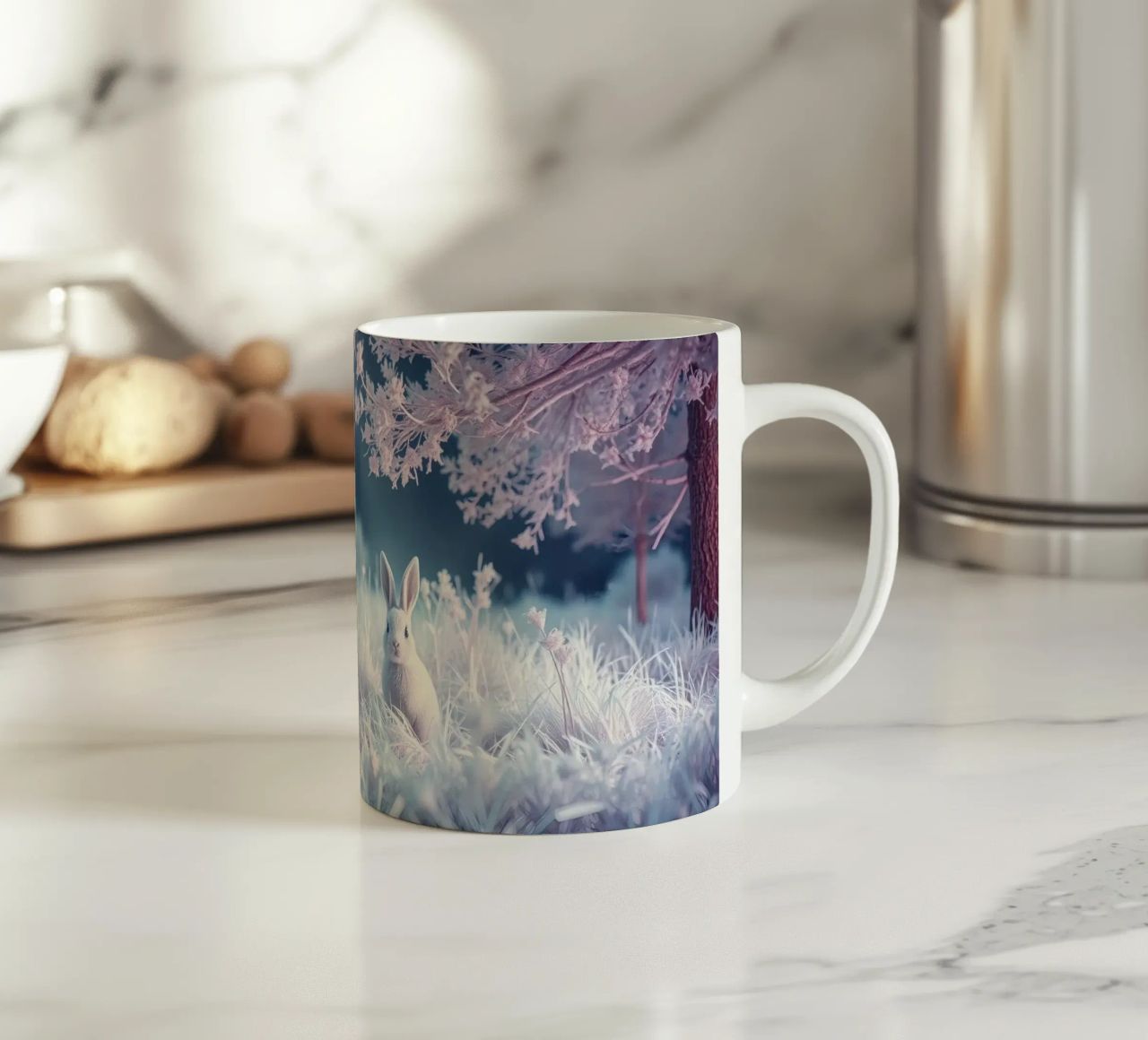 Paesaggio innevato con un coniglio in una foresta mistica tazza in ceramica da DesignDoodle