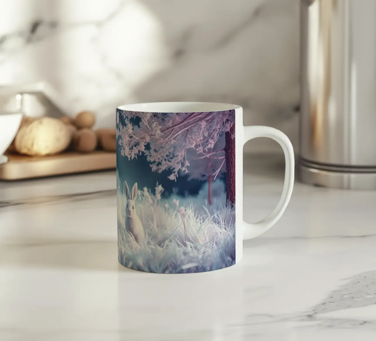Paysage enneigé avec un lapin dans une forêt mystique mug en céramique de DesignDoodle