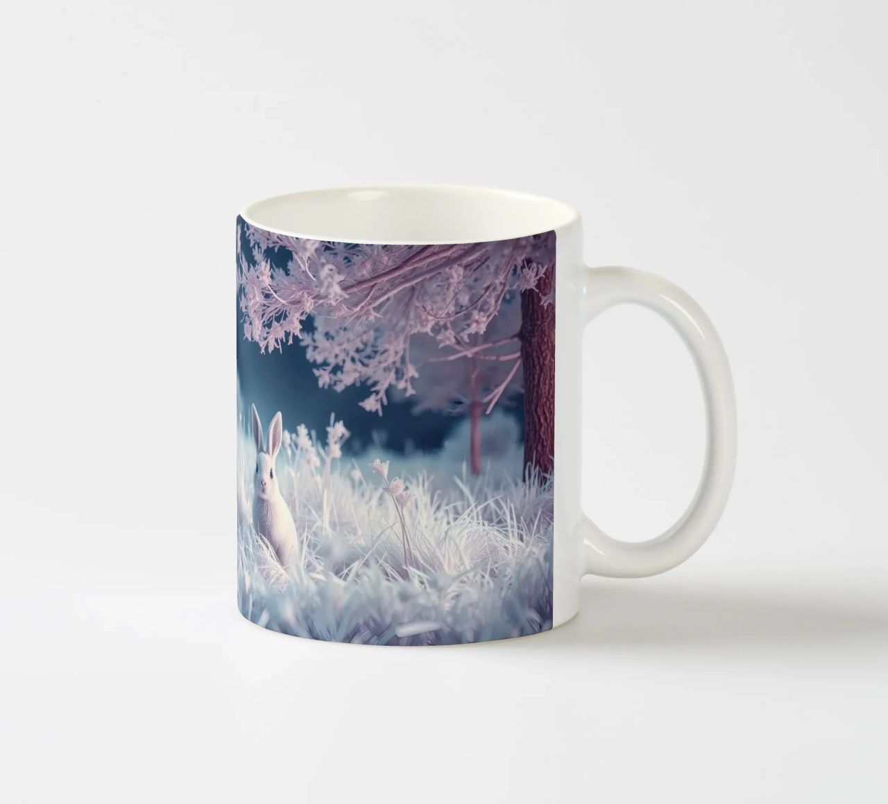 Paesaggio innevato con un coniglio in una foresta mistica tazza in ceramica da DesignDoodle