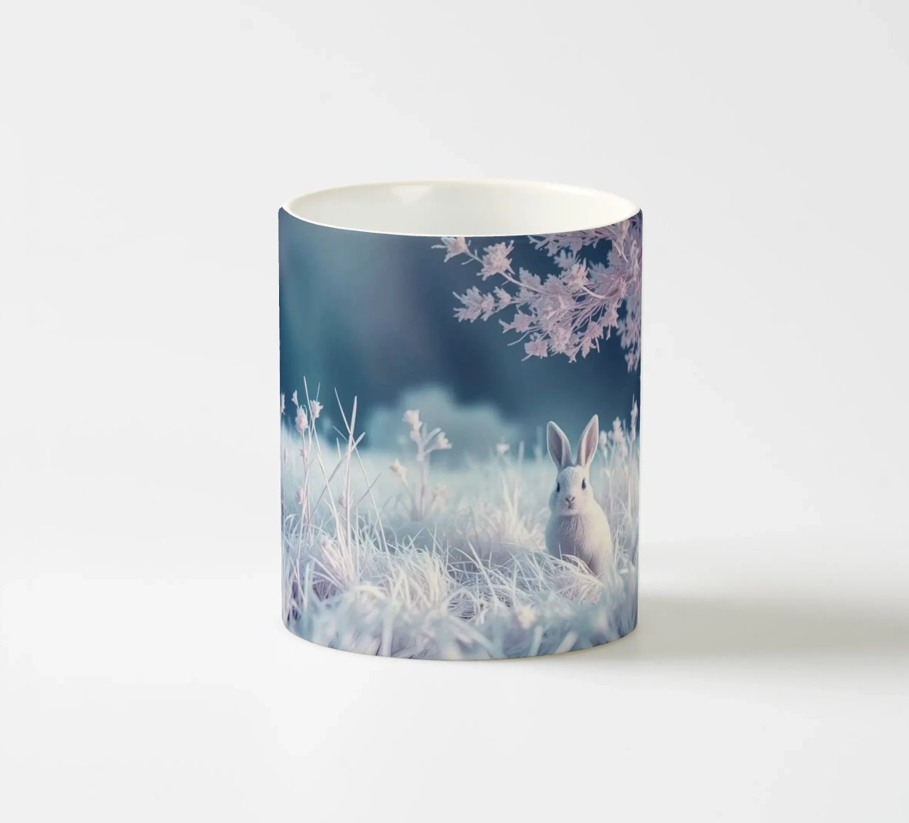 Paesaggio innevato con un coniglio in una foresta mistica tazza in ceramica da DesignDoodle