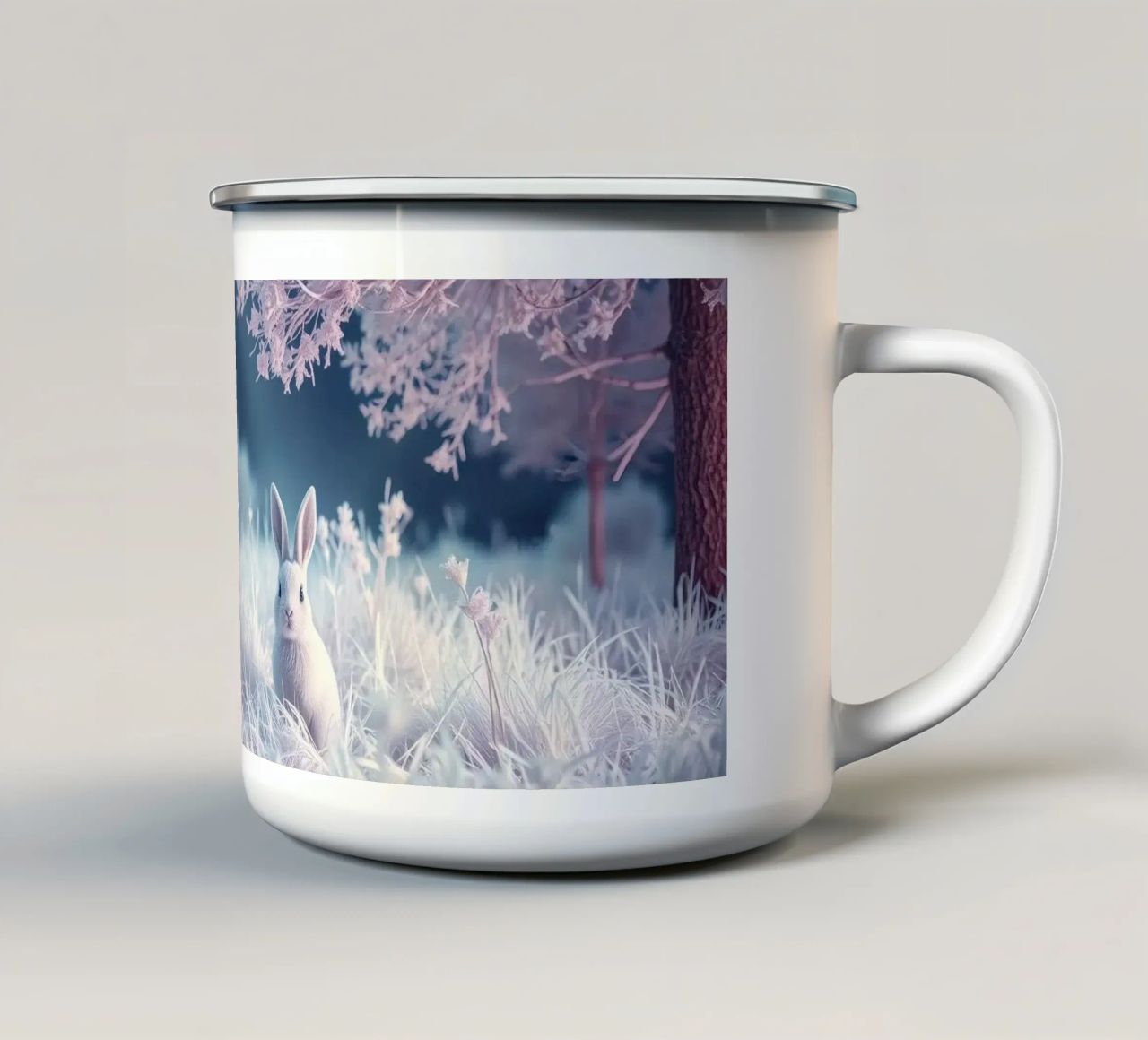 Paesaggio innevato con un coniglio in una foresta mistica tazza in smalto da DesignDoodle