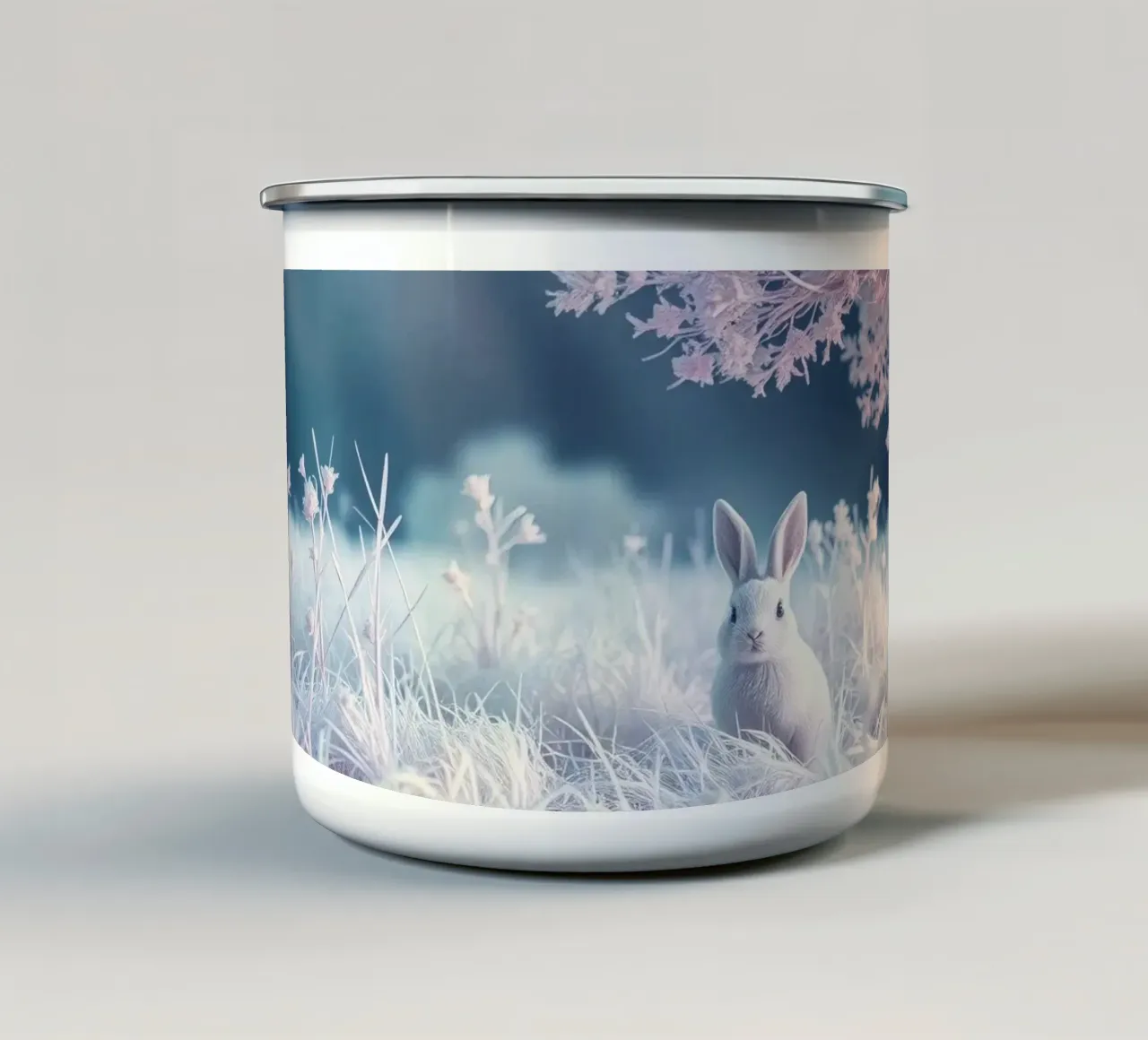 Verschneite Landschaft mit einem Kaninchen in einem mystischen Wald Emaille Tasse von DesignDoodle