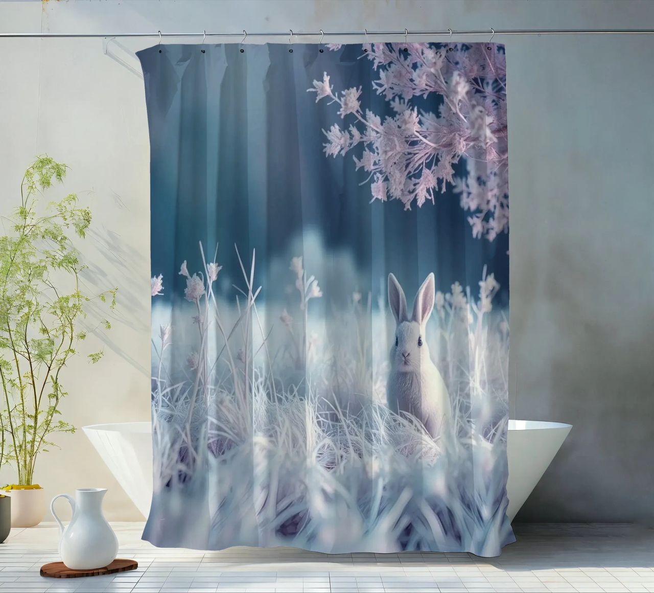 Paesaggio innevato con un coniglio in una foresta mistica tenda da doccia da DesignDoodle