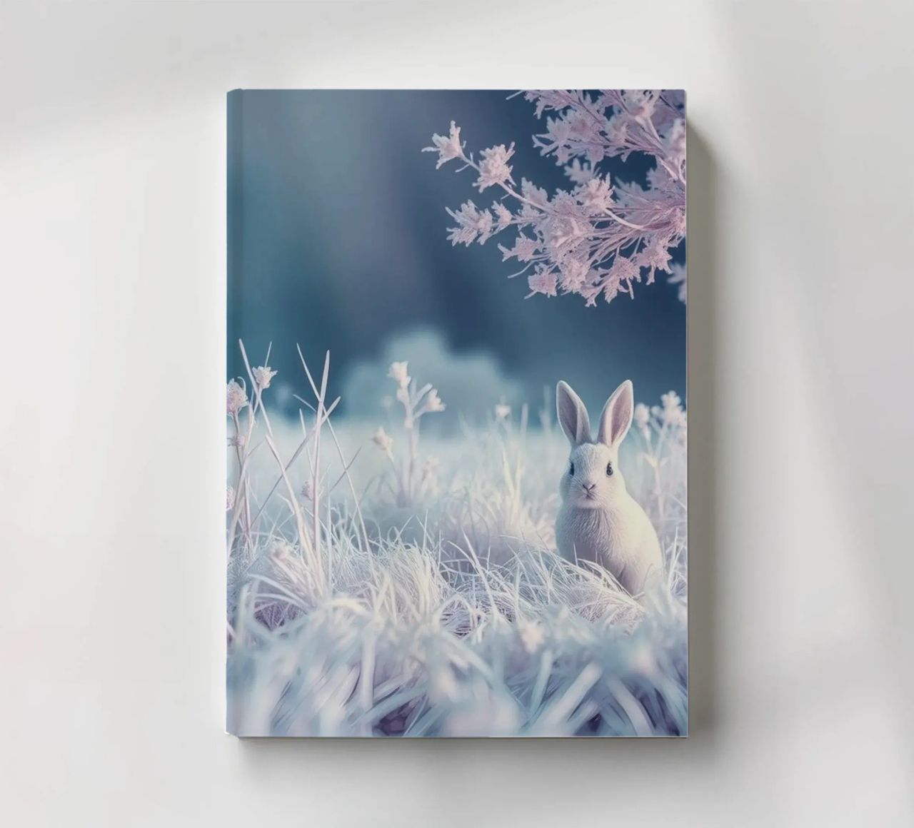 Snowy landscape with a rabbit in a mystical forest notebook by DesignDoodle