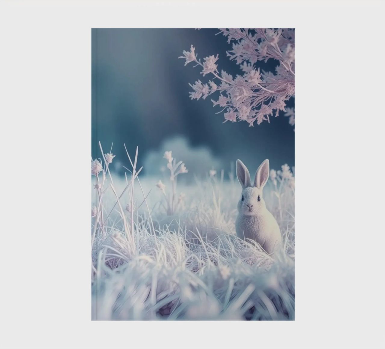 Snowy landscape with a rabbit in a mystical forest notebook by DesignDoodle