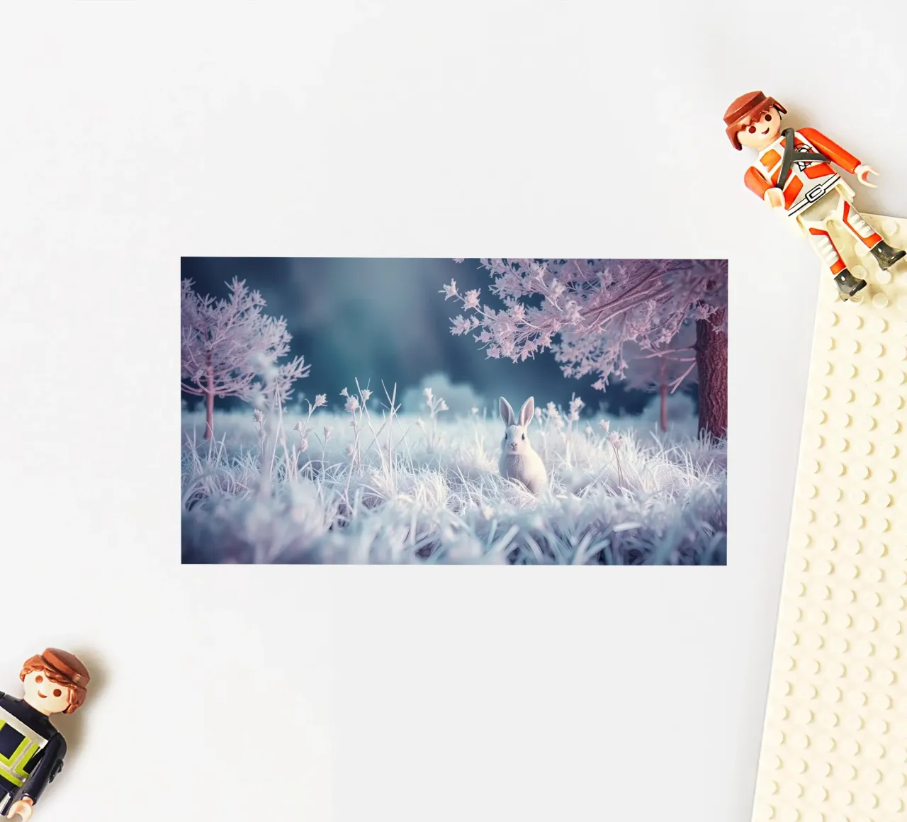 Paesaggio innevato con un coniglio in una foresta mistica adesivo da DesignDoodle