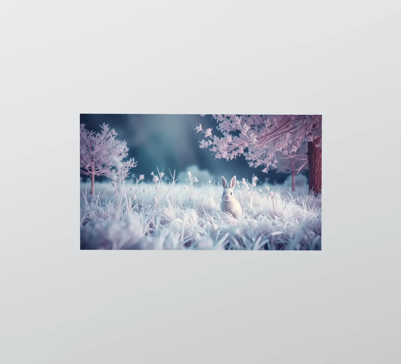 Paesaggio innevato con un coniglio in una foresta mistica adesivo da DesignDoodle