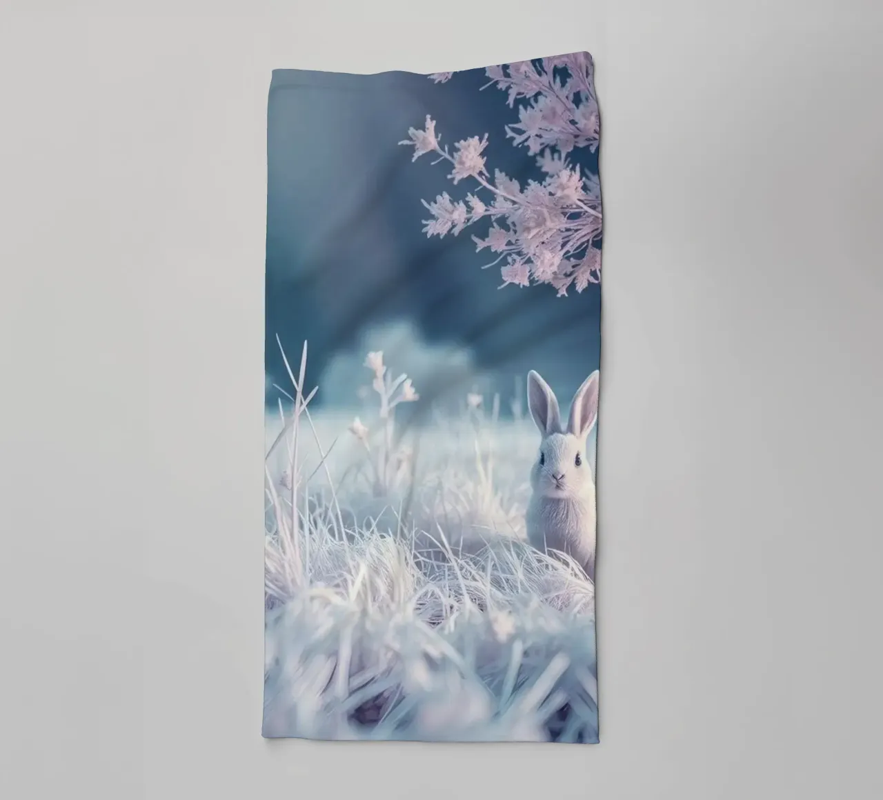 Snowy landscape with a rabbit in a mystical forest towel by DesignDoodle