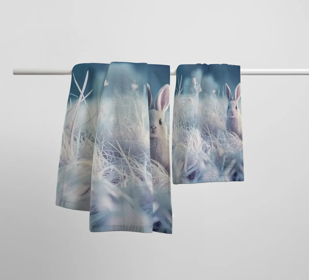 Snowy landscape with a rabbit in a mystical forest towel by DesignDoodle