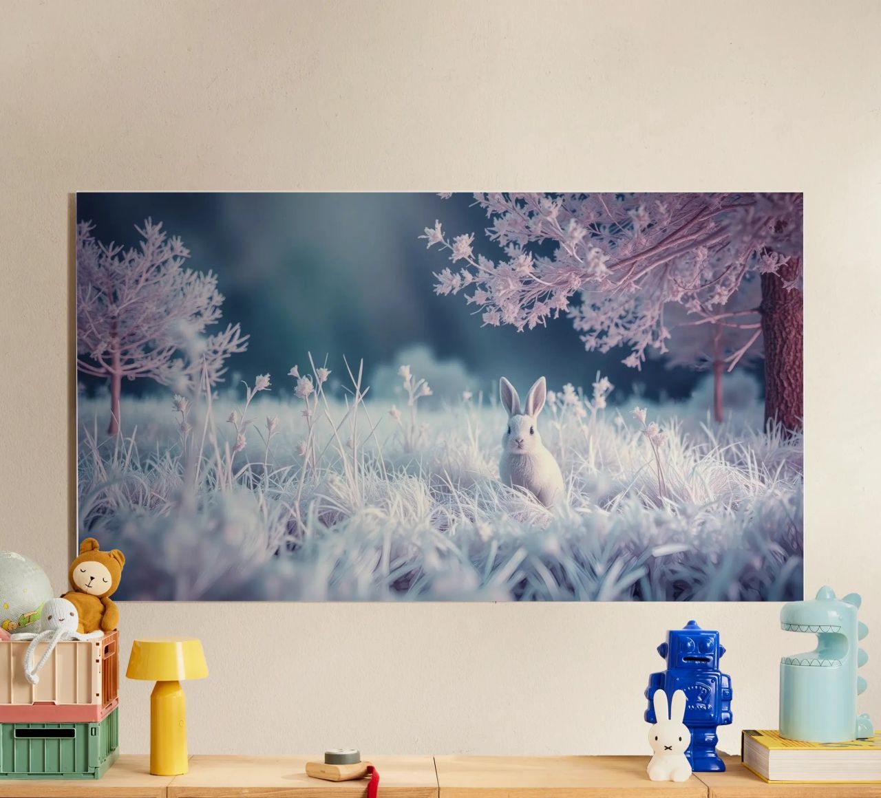 Paesaggio innevato con un coniglio in una foresta mistica plexiglass da DesignDoodle