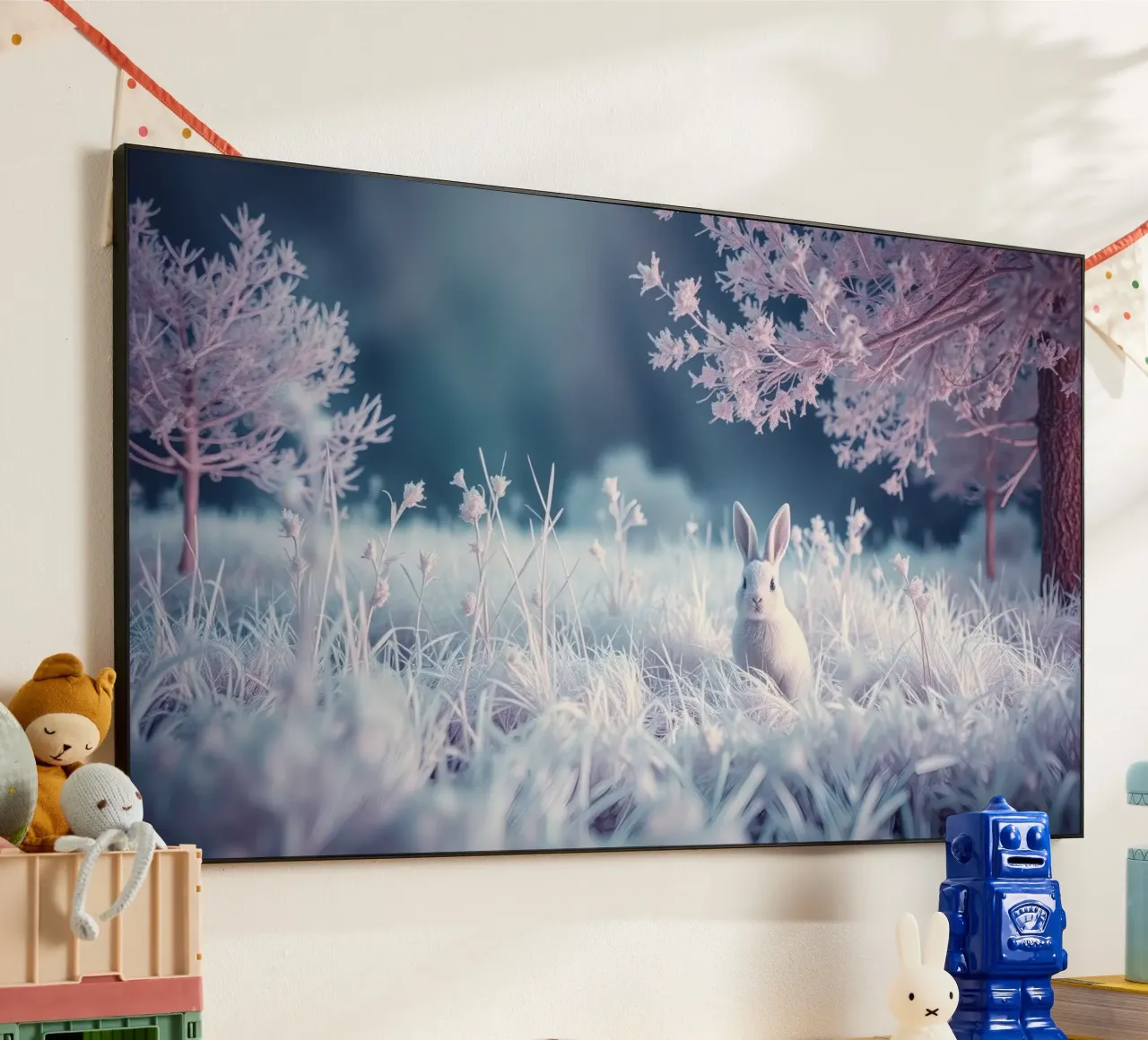 Paesaggio innevato con un coniglio in una foresta mistica alluminio dibond da DesignDoodle