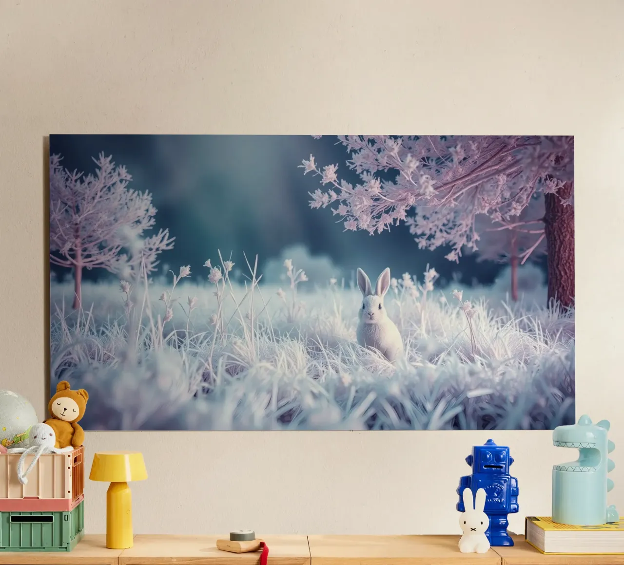 Paesaggio innevato con un coniglio in una foresta mistica alluminio dibond da DesignDoodle