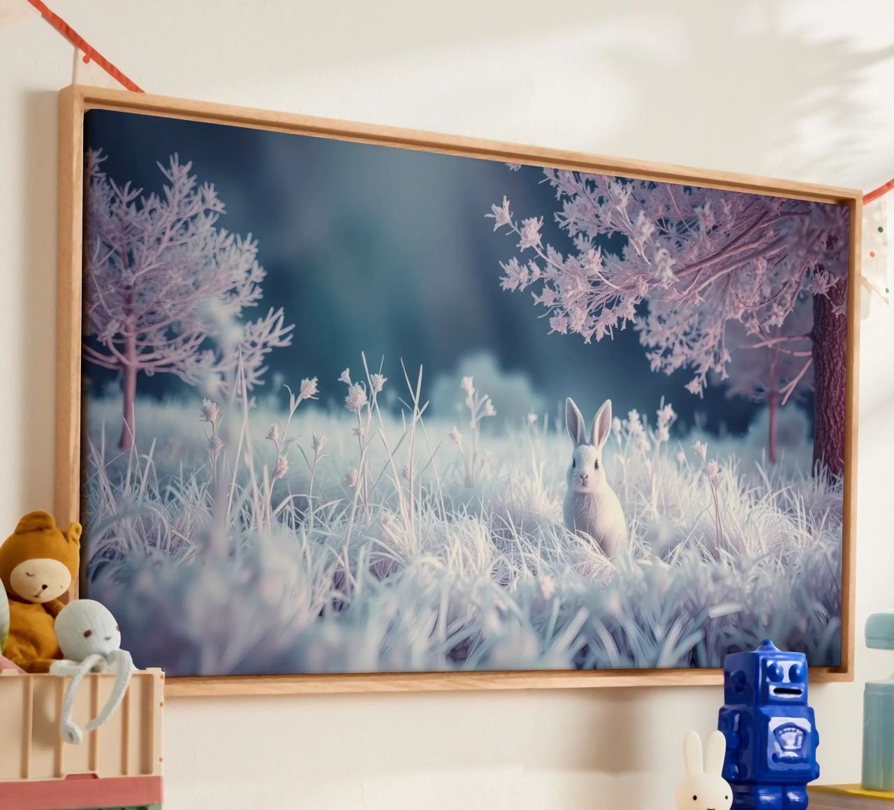 Paesaggio innevato con un coniglio in una foresta mistica tela da DesignDoodle