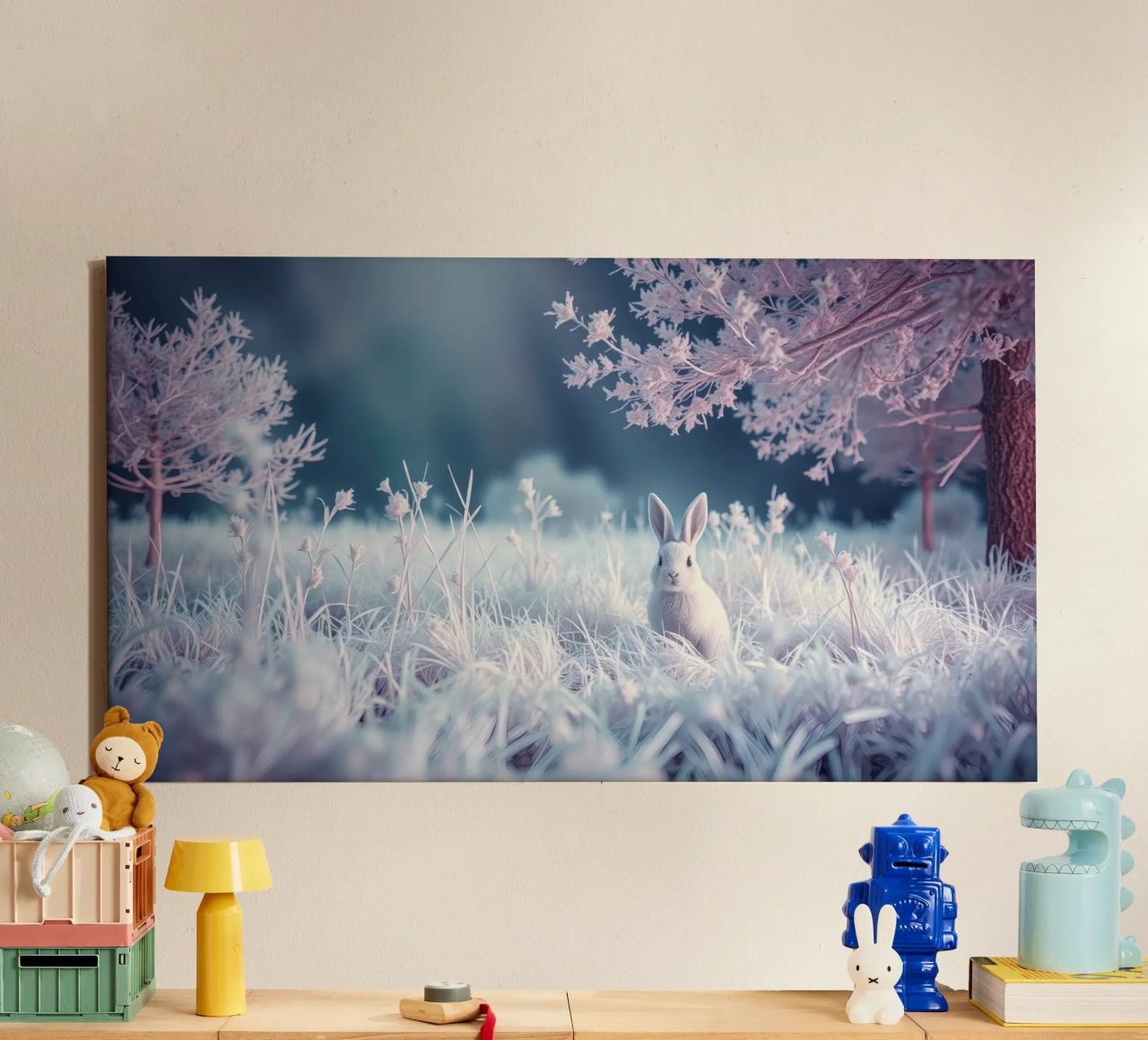 Paesaggio innevato con un coniglio in una foresta mistica tela da DesignDoodle
