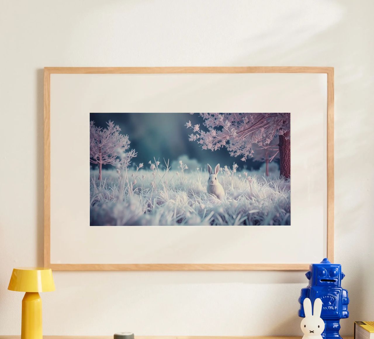 Paesaggio innevato con un coniglio in una foresta mistica poster da DesignDoodle