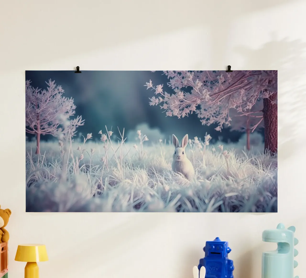 Paesaggio innevato con un coniglio in una foresta mistica carta hahnemühle da DesignDoodle