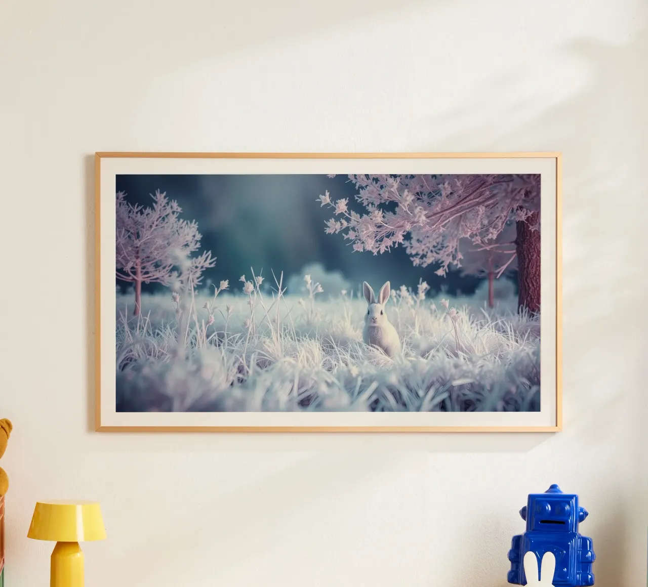 Paesaggio innevato con un coniglio in una foresta mistica carta hahnemühle da DesignDoodle