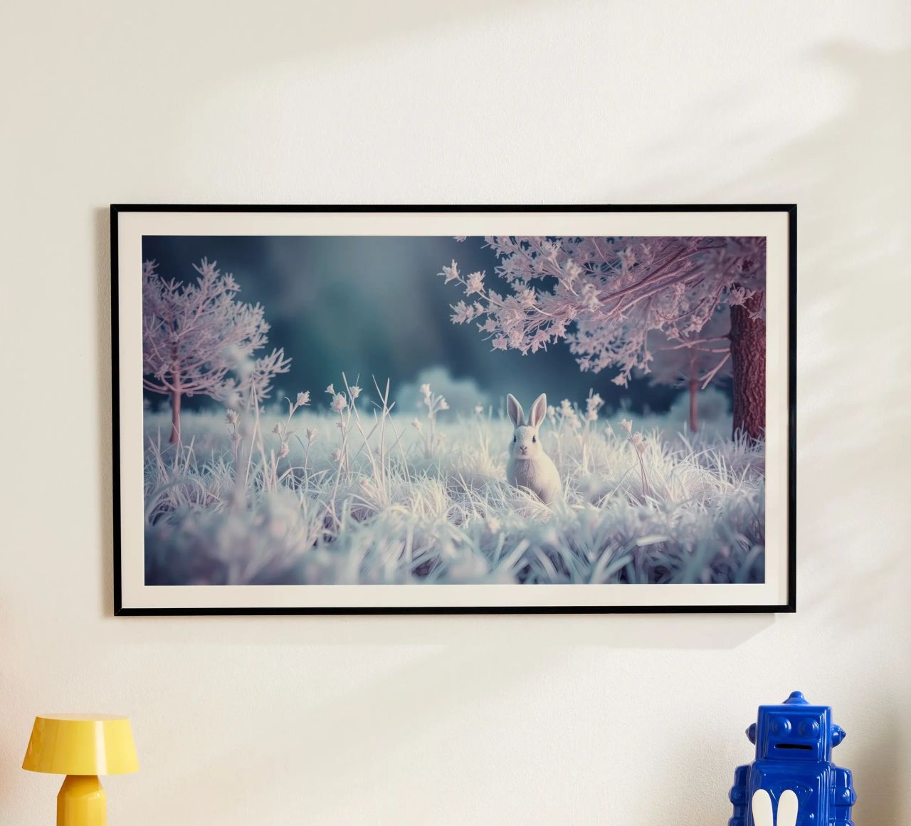 Paesaggio innevato con un coniglio in una foresta mistica poster da DesignDoodle