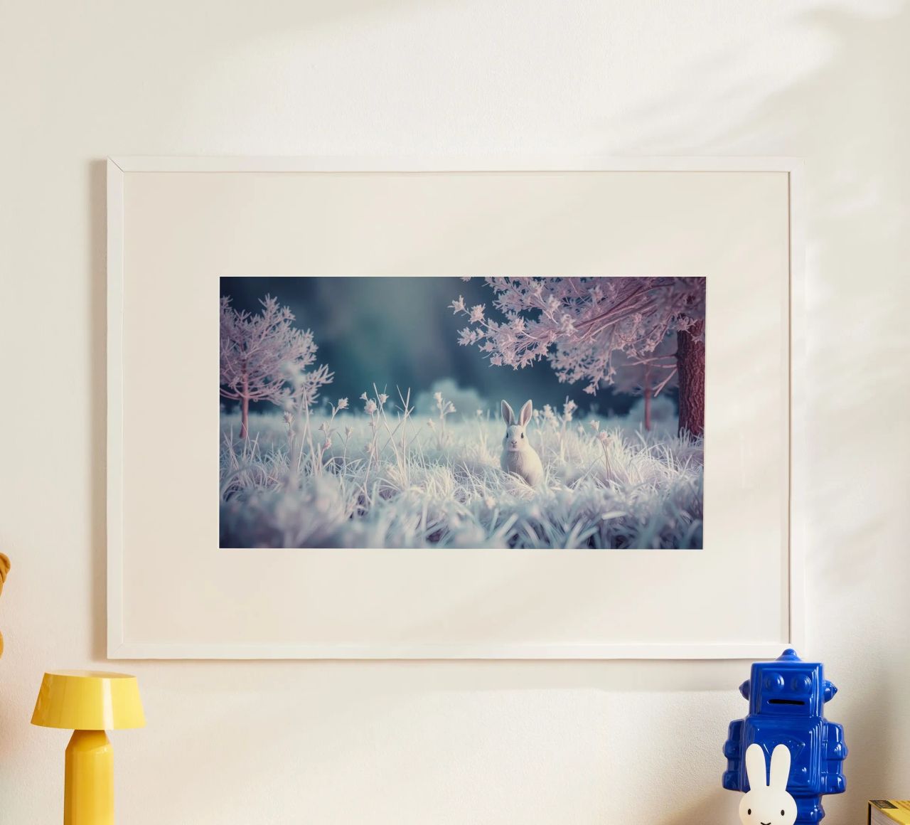 Paesaggio innevato con un coniglio in una foresta mistica poster da DesignDoodle