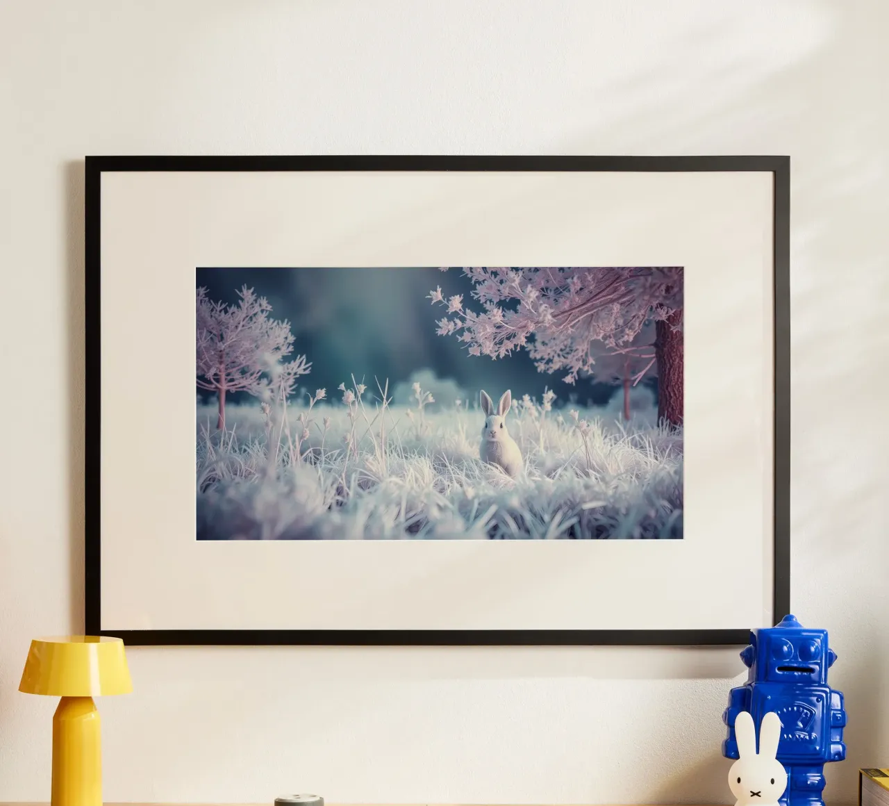 Verschneite Landschaft mit einem Kaninchen in einem mystischen Wald Hahnemühle von DesignDoodle