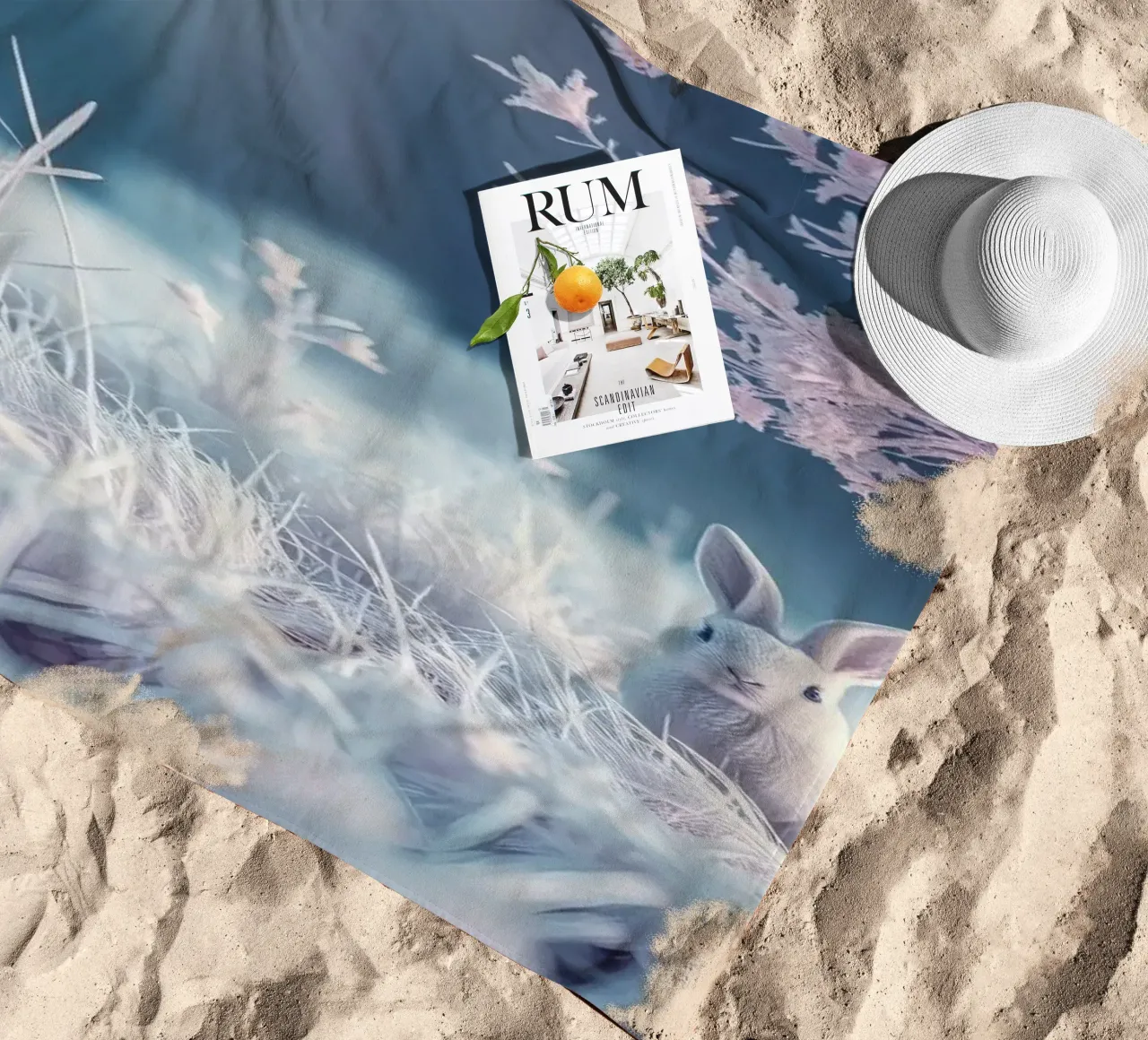 Verschneite Landschaft mit einem Kaninchen in einem mystischen Wald Strandtuch von DesignDoodle